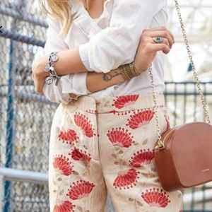 SEZANE Gustav Jaquard cropped trouser in golden/cream with red leaf flower motif